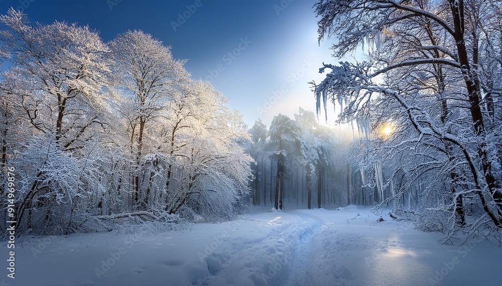 Winter landscape with snow-covered trees and a sunbeam shining through a foggy forest ambiance Winter landscape with snow-covered trees and a sunbeam shining through a foggy forest ambiance