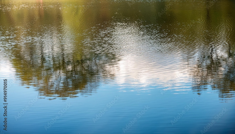 Serene lake surface reflecting lush green trees and a bright blue sky, creating a tranquil natural scene Serene lake surface reflecting lush green trees and a bright blue sky, creating a tranquil natural scene