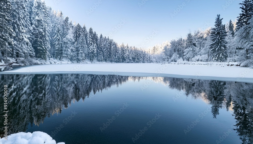Fototapeta premium Snow-covered forest reflecting in a calm lake under a clear blue sky, capturing the serene beauty of winter landscape