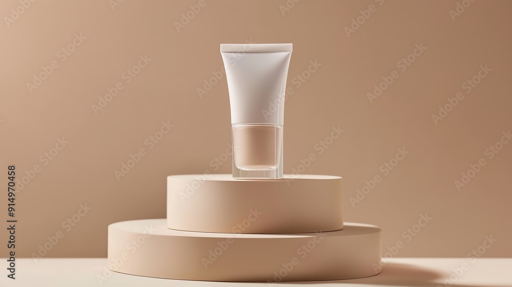 A modern skincare product elegantly displayed on minimalistic beige pedestals in soft lighting A modern skincare product elegantly displayed on minimalistic beige pedestals in soft lighting