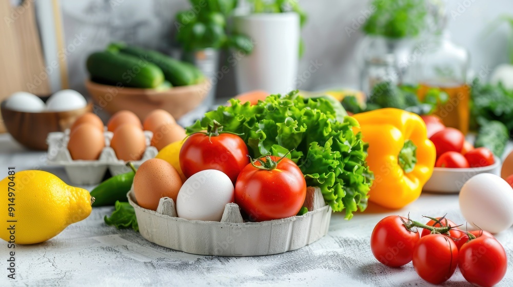Fresh Produce Arrangement with Eggs, Tomatoes, Lemon, and Bell Pepper Fresh Produce Arrangement with Eggs, Tomatoes, Lemon, and Bell Pepper