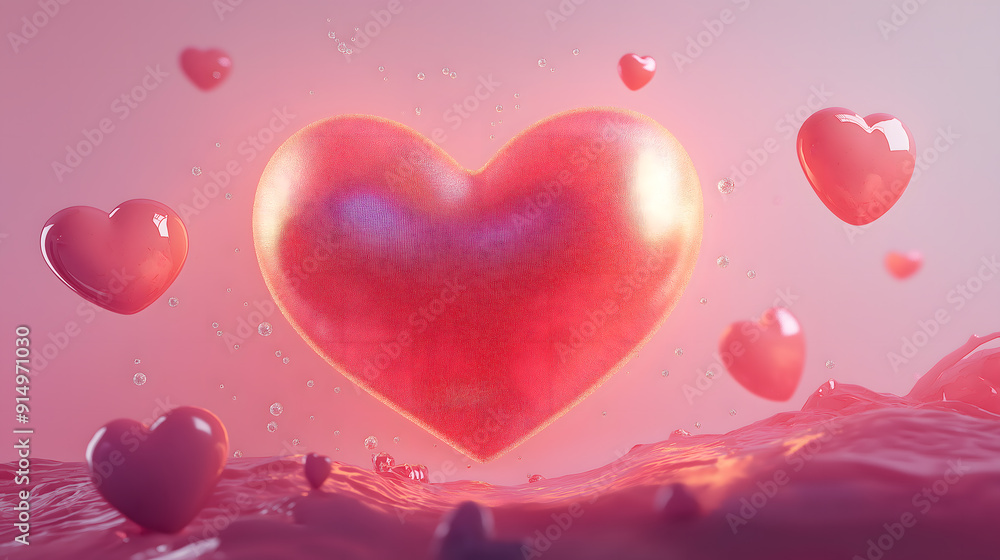 A 3D rendering of glowing hearts floating in a pink, dreamy atmosphere, symbolizing love and romance A 3D rendering of glowing hearts floating in a pink, dreamy atmosphere, symbolizing love and romance
