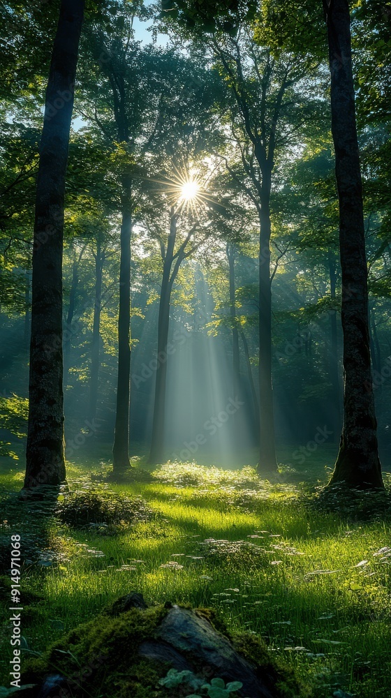 Naklejka premium Serene Forest with Sun Rays and Mist