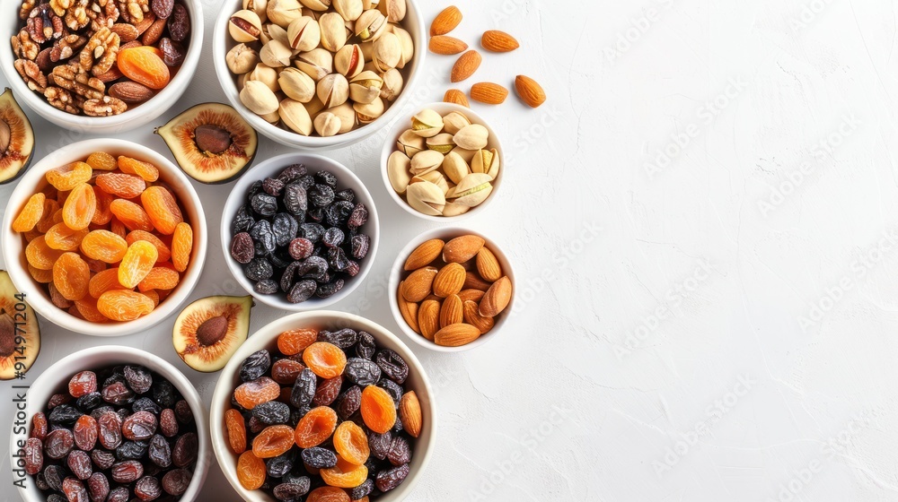 Assorted Nuts, Dried Fruits, and Figs in White Bowls Assorted Nuts, Dried Fruits, and Figs in White Bowls