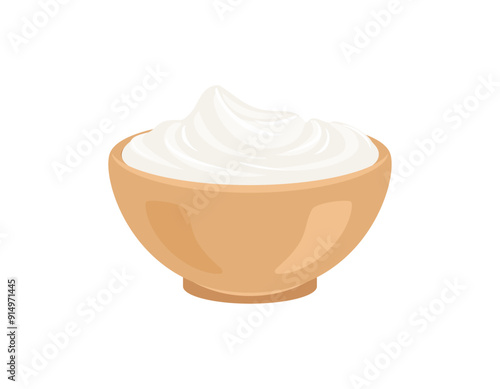 Sour cream or yogurt in bowl isolated on white background. Vector cartoon flat illustration.