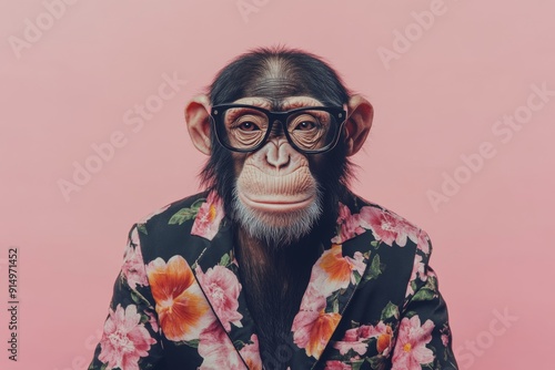 Chic Chimpanzee in Stylish Glasses and a Floral Jacket: A Whimsical Fusion of Humor and Fashion on a Pink Background. photo