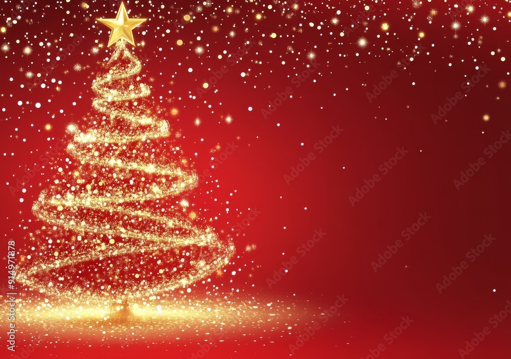 Red background with golden Christmas tree, Christmas card background design, Christmas poster, greeting cards, brochures and posters, advertising banner, postcard, space for text. Generative AI Red background with golden Christmas tree, Christmas card background design, Christmas poster, greeting cards, brochures and posters, advertising banner, postcard, space for text. Generative AI