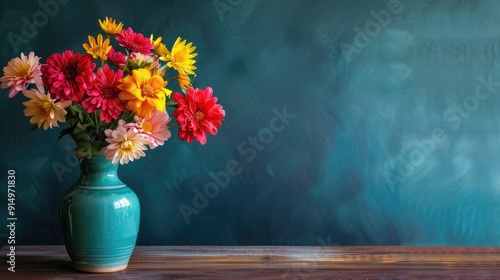 Wallpaper Mural vase of bright chrysanthemums against dark wall Torontodigital.ca