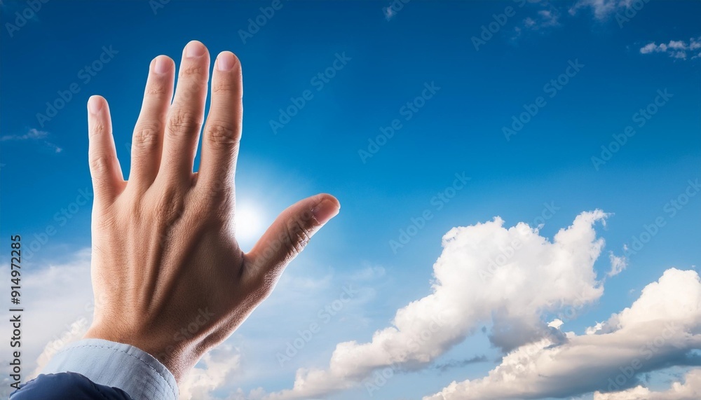 Hand reaching towards the bright sun against a clear blue sky with fluffy clouds in the background Hand reaching towards the bright sun against a clear blue sky with fluffy clouds in the background