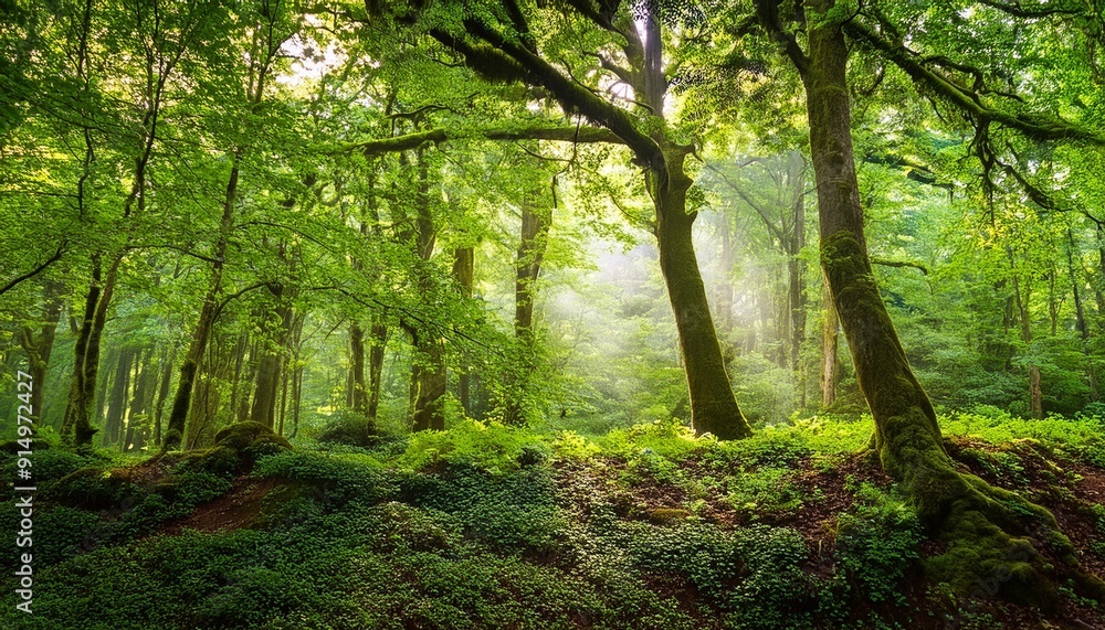 Naklejka premium Lush green forest with tall trees and sunlight filtering through the leaves, creating a serene and tranquil atmosphere