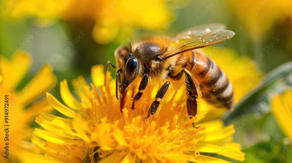 Honeybee Gathering Pollen from a Yellow Flower Honeybee Gathering Pollen from a Yellow Flower