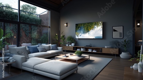 A modern living room with a sectional sofa and a large flat-screen TV.