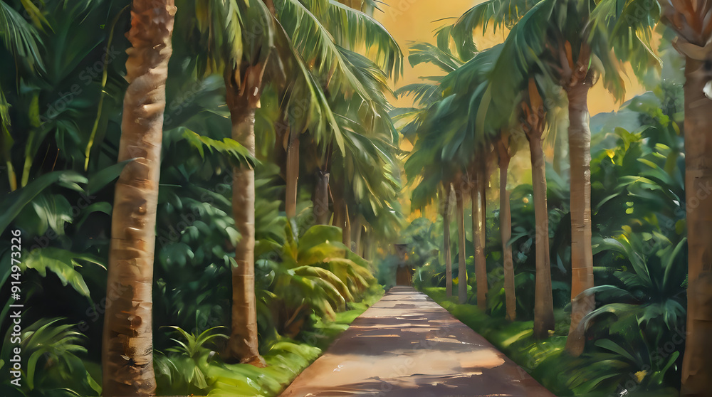 painting of a pathway between palm trees and a yellow sky painting of a pathway between palm trees and a yellow sky