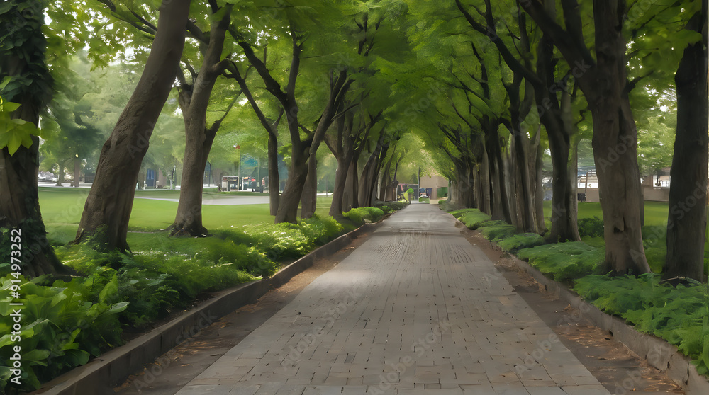 trees line the walkway in a park with a bench and benches trees line the walkway in a park with a bench and benches