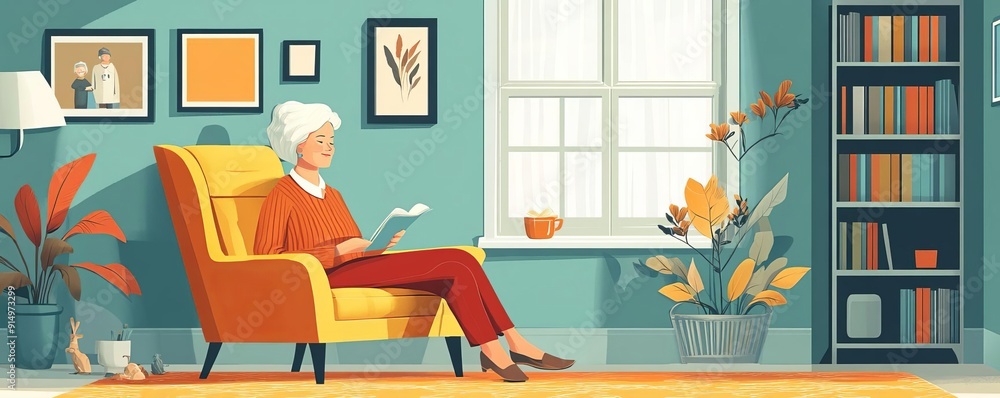 Senior lady in cozy room, assisted living, flat design illustration Senior lady in cozy room, assisted living, flat design illustration