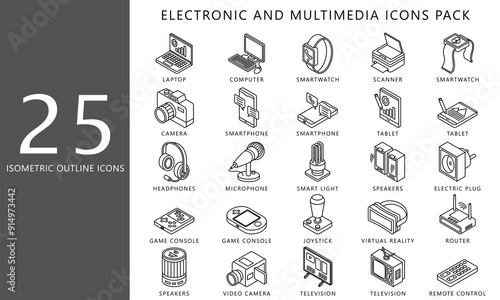 Electronic and multimedia isometric outline icons set, contain smartphone, printer, disk, camera and more. vector EPS 10. use for UI, UX technology, home appliances theme, app and web development.
