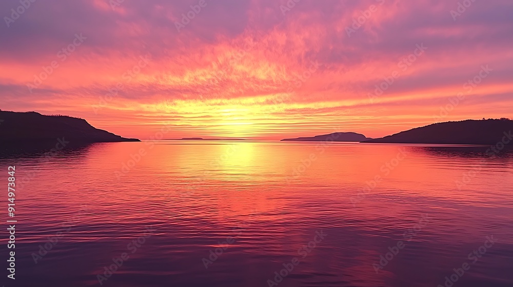 Golden hour paints the sky with fiery hues, reflecting on calm ocean waves as the sun dips below the horizon Golden hour paints the sky with fiery hues, reflecting on calm ocean waves as the sun dips below the horizon