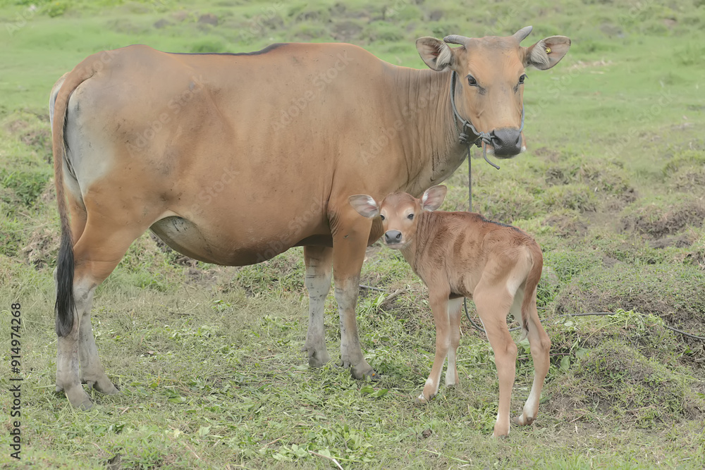 A mother Javanese cow is guarding her calf from predators. This mammal has the scientific name Bos javanicus. A mother Javanese cow is guarding her calf from predators. This mammal has the scientific name Bos javanicus.