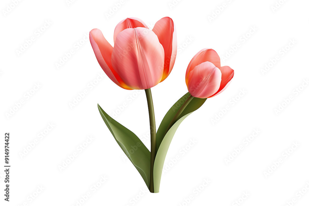 Blooming Pink Tulips Gracefully Standing in Lush Greenery Under a Bright Sunny Sky During Springtime on Transparent PNG Background. Blooming Pink Tulips Gracefully Standing in Lush Greenery Under a Bright Sunny Sky During Springtime on Transparent PNG Background.