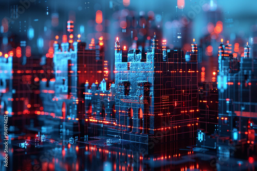 An eerie 3D visualization of a firewall as a digital fortress with AI algorithms constantly adapting its defenses to new cyber threats