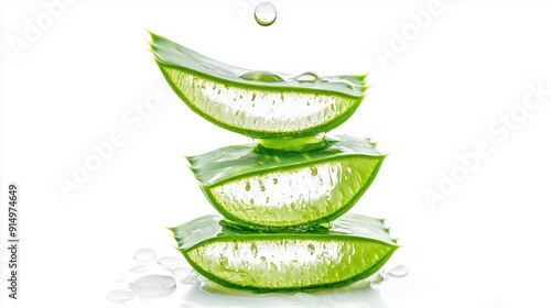 Wallpaper Mural Freshly cut aloe vera leaves stacked with droplets of water on a clean white background Torontodigital.ca