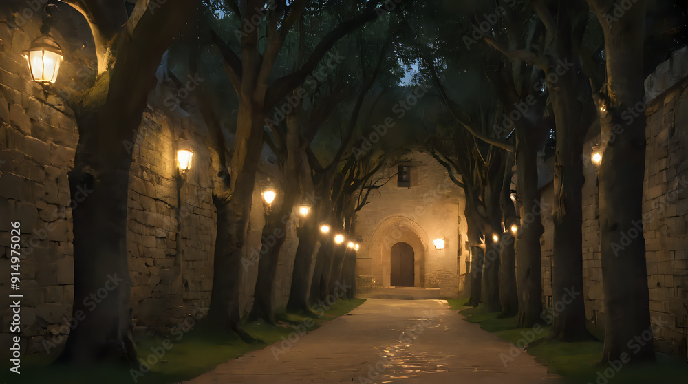 Obraz premium a many trees lining the walkway in the dark