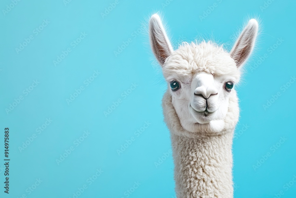 Fototapeta premium Funny white alpaca on blue background, ai