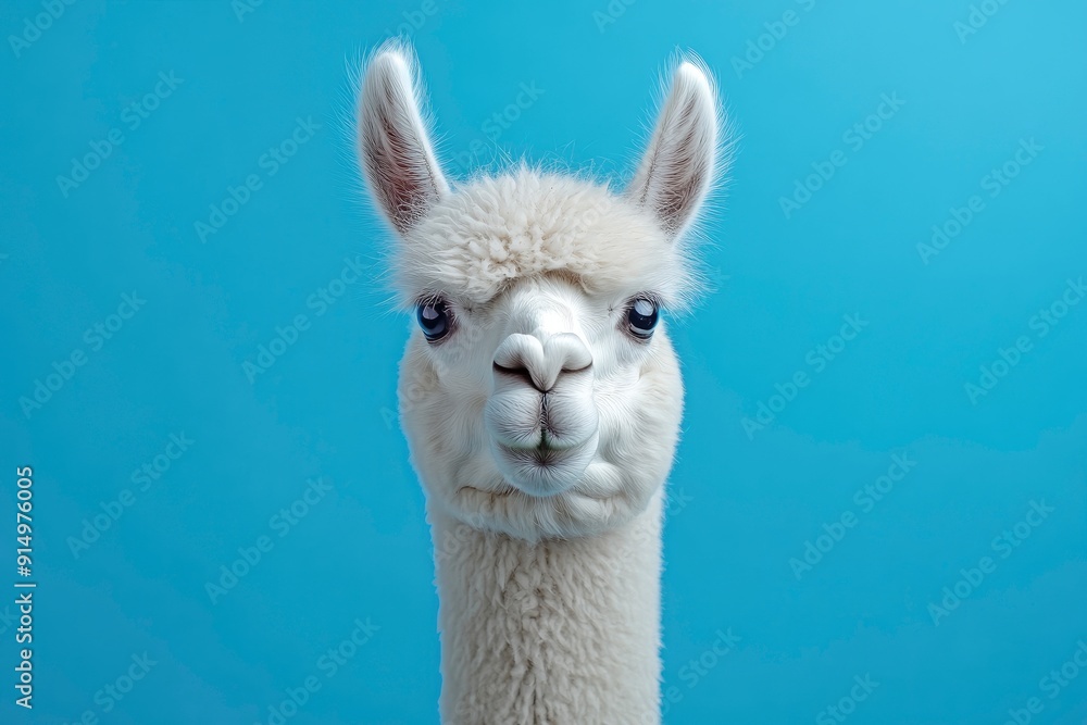 Obraz premium Funny white alpaca on blue background, ai