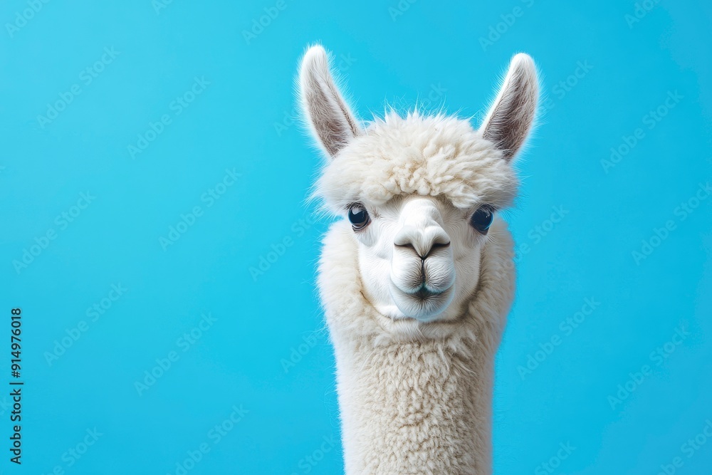 Obraz premium Funny white alpaca on blue background, ai