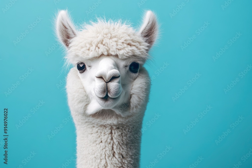 Fototapeta premium Funny white alpaca on blue background, ai