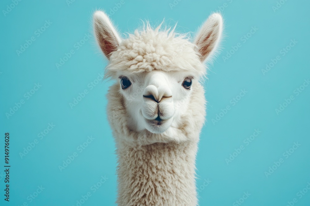 Obraz premium Funny white alpaca on blue background, ai
