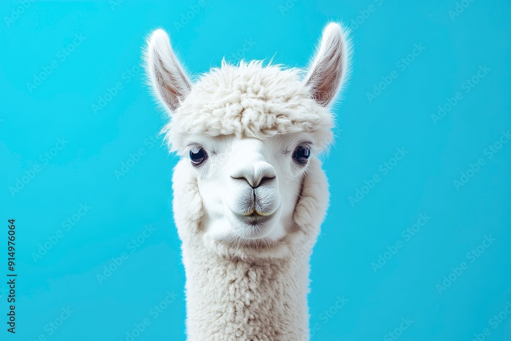 Obraz premium Funny white alpaca on blue background, ai