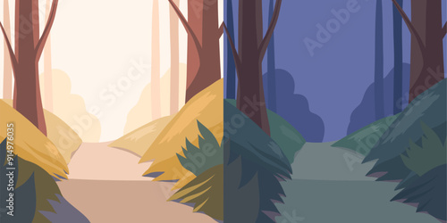 Vector set of park landscapes at night and day. Road in the forest. Cartoon naive landscape