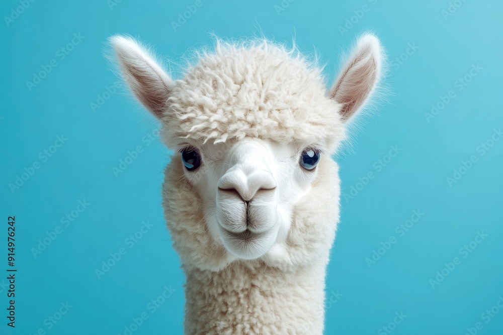 Obraz premium Funny white alpaca on blue background, ai