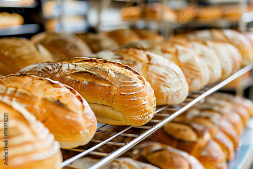Fresh baked bread on racks in bakery. Generative AI