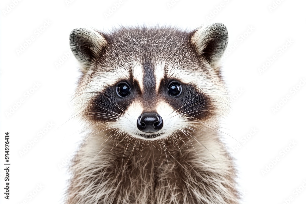 Fototapeta premium Portrait of a cute funny raccoon, closeup, isolated on a white background , ai
