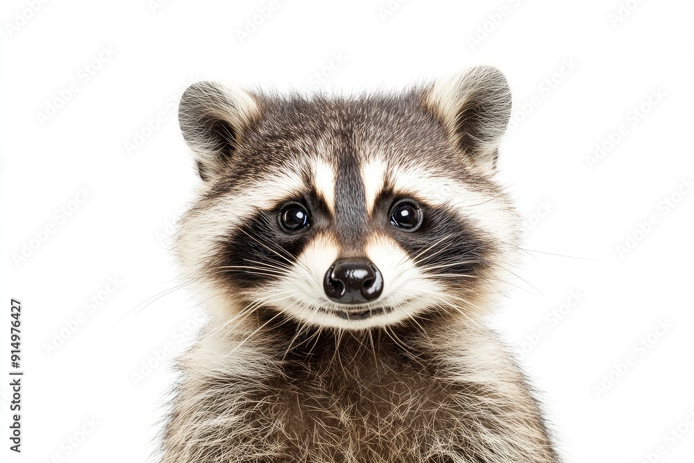 Fototapeta premium Portrait of a cute funny raccoon, closeup, isolated on a white background , ai