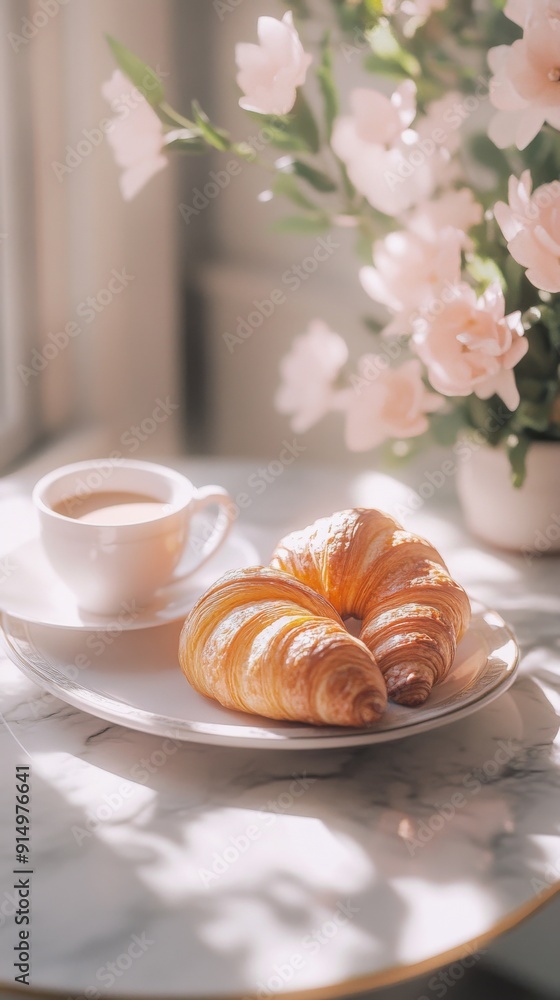 Cozy Breakfast Setup with Croissants and Coffee on a Marble Table: Soft Morning Light and Fresh Flowers Create a Warm and Inviting Ambiance Cozy Breakfast Setup with Croissants and Coffee on a Marble Table: Soft Morning Light and Fresh Flowers Create a Warm and Inviting Ambiance