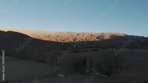 Forward drone flight to the amazing mountains while sunset, Tafi del Valle, province of tucumán, argentina, copy space photo