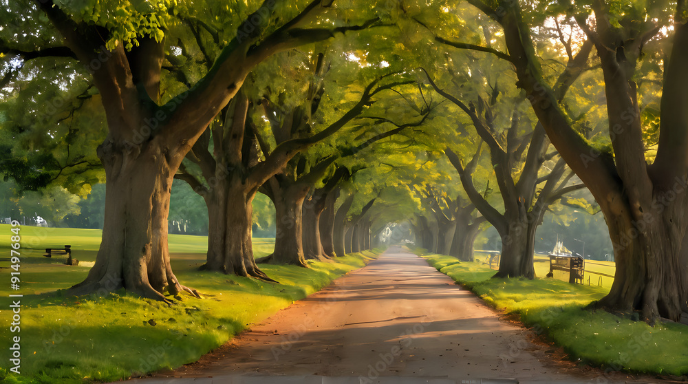 Fototapeta premium trees line a path in a park with benches and benches