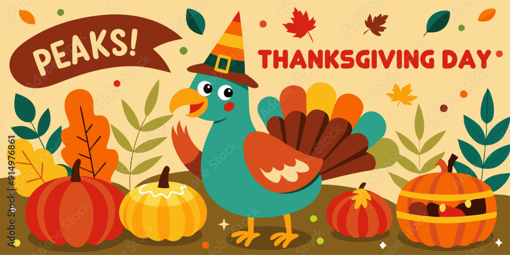 A turkey in a witch hat is surrounded by pumpkins on Thanksgiving. A whimsical turkey, adorning a witch hat, is playfully surrounded by an array of vibrant pumpkins and fallen leaves during thanksgivi A turkey in a witch hat is surrounded by pumpkins on Thanksgiving. A whimsical turkey, adorning a witch hat, is playfully surrounded by an array of vibrant pumpkins and fallen leaves during thanksgivi