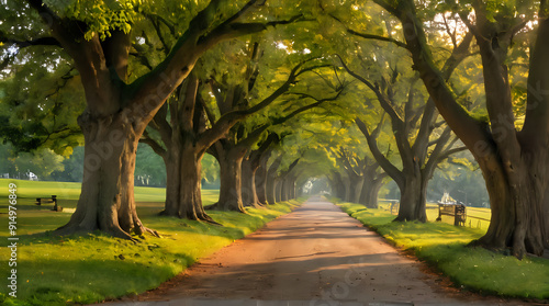 trees line a path in a park with benches and benches