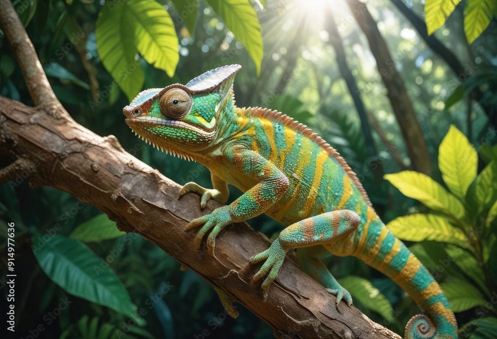 A vibrant chameleon perched on a branch with textured bark, showing its bright green and yellow scales, surrounded by lush tropical foliage. The sun filters through the leaves, ai A vibrant chameleon perched on a branch with textured bark, showing its bright green and yellow scales, surrounded by lush tropical foliage. The sun filters through the leaves, ai