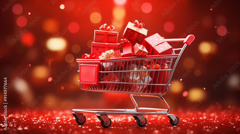 Festive shopping cart overflowing with beautifully wrapped gift boxes adorned with vibrant red bows. concept capturing the Christmas and New Year Festive shopping cart overflowing with beautifully wrapped gift boxes adorned with vibrant red bows. concept capturing the Christmas and New Year