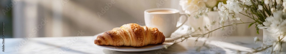 Cozy Breakfast Setup with Croissants and Coffee on a Marble Table: Soft Morning Light and Fresh Flowers Create a Warm and Inviting Ambiance Cozy Breakfast Setup with Croissants and Coffee on a Marble Table: Soft Morning Light and Fresh Flowers Create a Warm and Inviting Ambiance