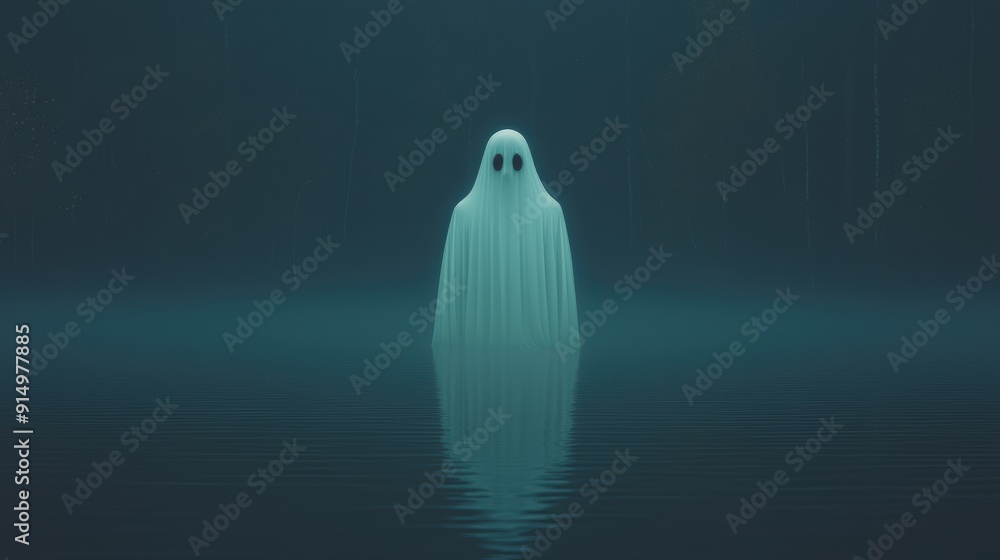 Eerie Ghostly Figure in White Sheet Standing in Misty Water at Night with Dark Forest Background Eerie Ghostly Figure in White Sheet Standing in Misty Water at Night with Dark Forest Background