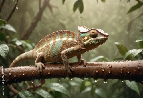 Wallpaper Mural A chameleon on a branch in a rain-soaked jungle, droplets of water glistening on its vibrant skin, surrounded by dense, dripping greenery and mist., high detail, vintage sepia, ai Torontodigital.ca