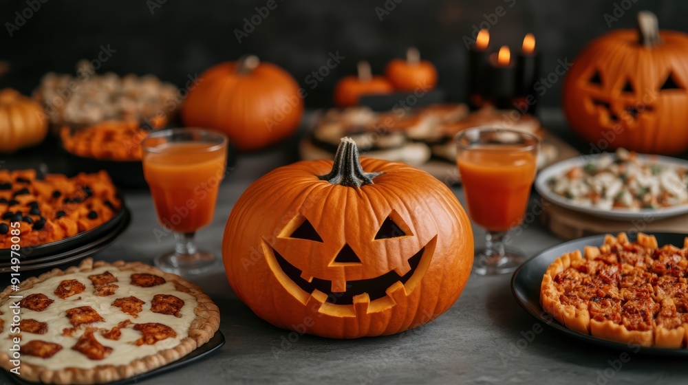 Festive Halloween Celebration with Jack-o'-Lantern and Delicious Food Spread on Table, Perfect for Autumn Holiday Themes and Seasonal Festivities Festive Halloween Celebration with Jack-o'-Lantern and Delicious Food Spread on Table, Perfect for Autumn Holiday Themes and Seasonal Festivities