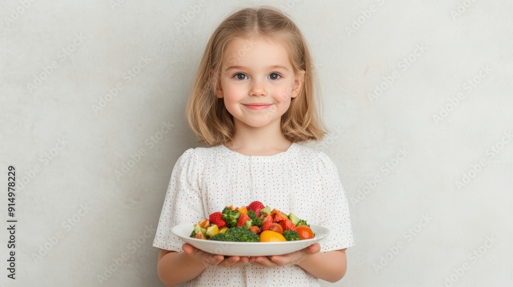 Adorable Young Girl Holding a Plate of Fresh Vegetables and Fruits Against a Neutral Background Adorable Young Girl Holding a Plate of Fresh Vegetables and Fruits Against a Neutral Background