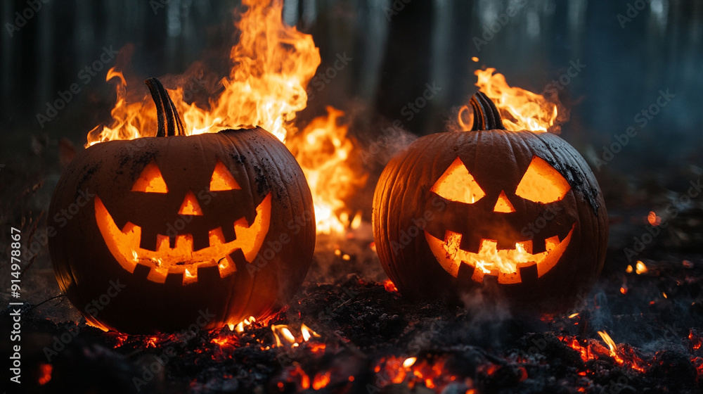 halloween scene with scary burning pumpkins halloween scene with scary burning pumpkins